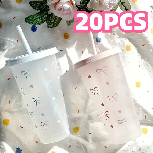 YOCITY Trinkbecher Set aus Kunststoff mit Schleife und Strohhalmdeckel, 20 Stück, Pink und Transparent - Bild 1