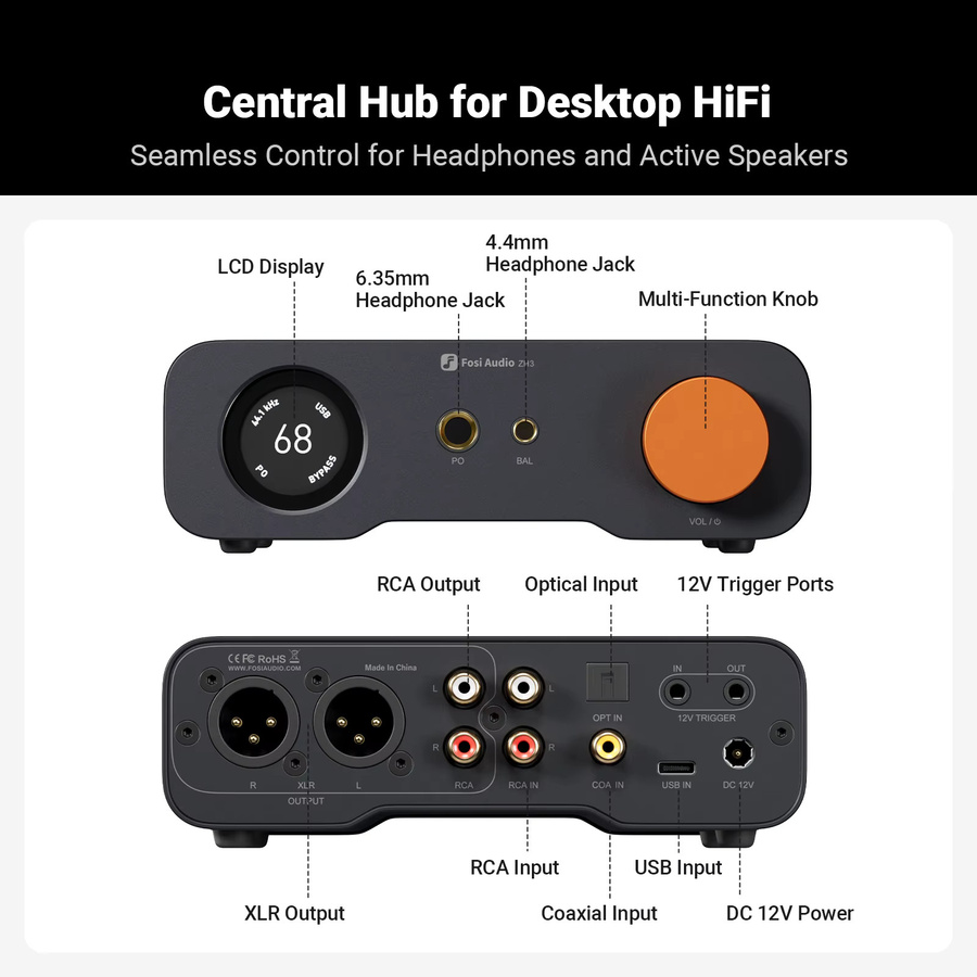 Fosi Audio ZH3 DAC Kopfhörerverstärker in Schwarz mit Fernbedienung, PCM 768 kHz HIFI Audio DAC AKM4493SEQ und vollständig symmetrischem Vorverstärker - Bild 3
