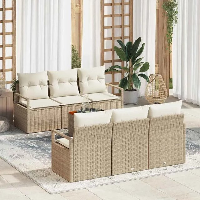 vidaXL Garten-Sofa-Set aus Polyrattan und Akazienholz, 7-teilig, Beige mit Kissen - Bild 1