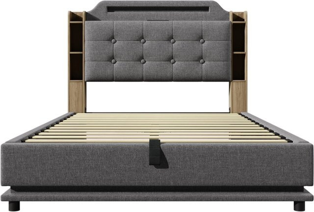 okwish Polsterbett mit LED-Beleuchtung, USB-Anschluss und Stauraum in Grau, B/T/H: 140 x 200 x 115 cm - Bild 1