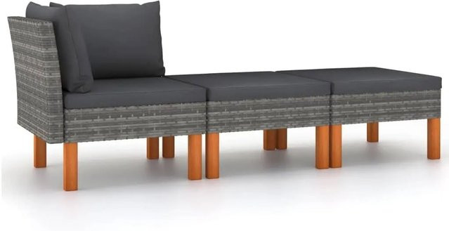 vidaXL 3-teiliges Garten-Lounge-Set in L-Form aus Poly-Rattan und Eukalyptus-Massivholz in Anthrazit mit Polstern und Kissen - Bild 1