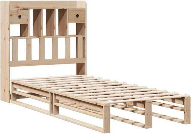 vidaXL Massivholzbett aus Kiefer mit Regal und Seitenfächern in Braun und Beige, B/T/H: 90 x 200 cm - Bild 1
