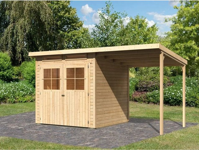 Karibu Gartenhaus Glücksberg mit Anbaudach in Natur, Wandstärke 19 mm, B/T/H: 415 x 236 x 220 cm - Bild 1