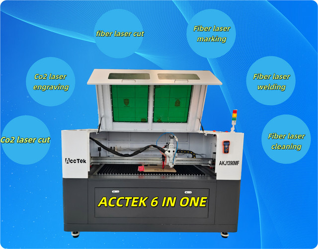 ACCTEK 6-in-1 Faserlaser CNC-Schneidemaschine und CO2-Lasergravurmaschine mit 1200W Faserlaser und 130W CO2-Laser für Stahl und Holz in Weiß - Bild 1