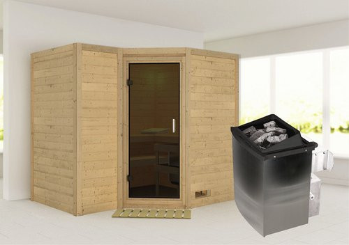 Karibu Sauna Riga 2 für 4 Personen in Beige mit 9 kW Saunaofen und integrierter Steuerung, B/T/H: 236 x 209 x 184 cm - Bild 1