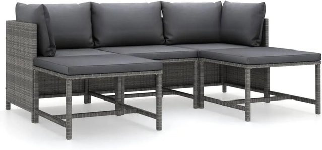 vidaXL 5-tlg Garten-Lounge-Set aus Poly Rattan in Grau Anthrazit mit Kissen und Ottoman im L-Shape Design - Bild 1