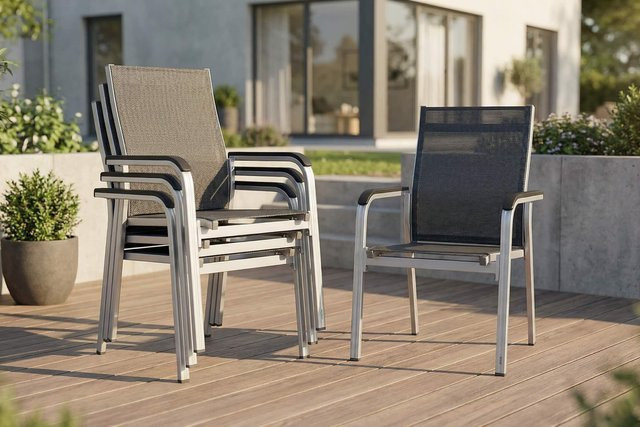 Kettler BasicPlus Premium Stapelsessel Set aus Aluminium und Outdoorgewebe, 4er Set, Silber/Lakritz - Bild 1
