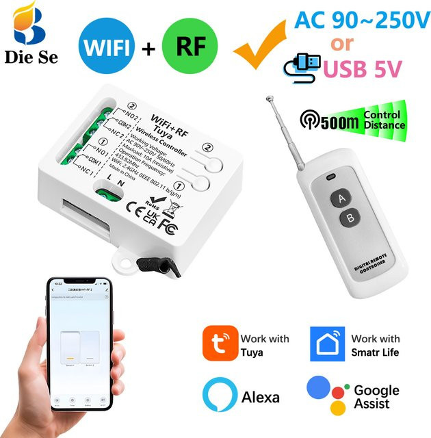 Tuya WiFi RF Garagentor-Inchschalter mit 2-Kanal-Relais und kabelloser Fernbedienung, 500m Reichweite, Weiß, kompatibel mit Google Assistant und Alexa - Bild 1
