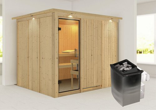 Karibu Sauna Jöhvi aus Fichtenholz in Beige inklusive 9 kW Saunaofen mit integrierter Steuerung für 4 Personen, B/T/H: 245 x 210 x 202 cm - Bild 1