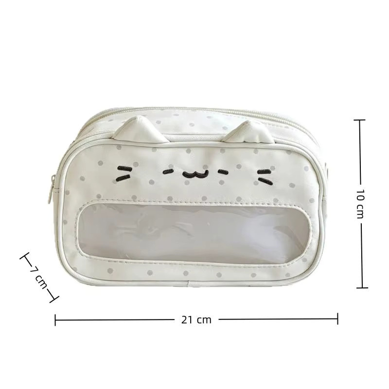 Schreibwarentasche mit Wellenpunkt-Kätzchen-Design und transparentem Fenster in Weiß - Bild 4
