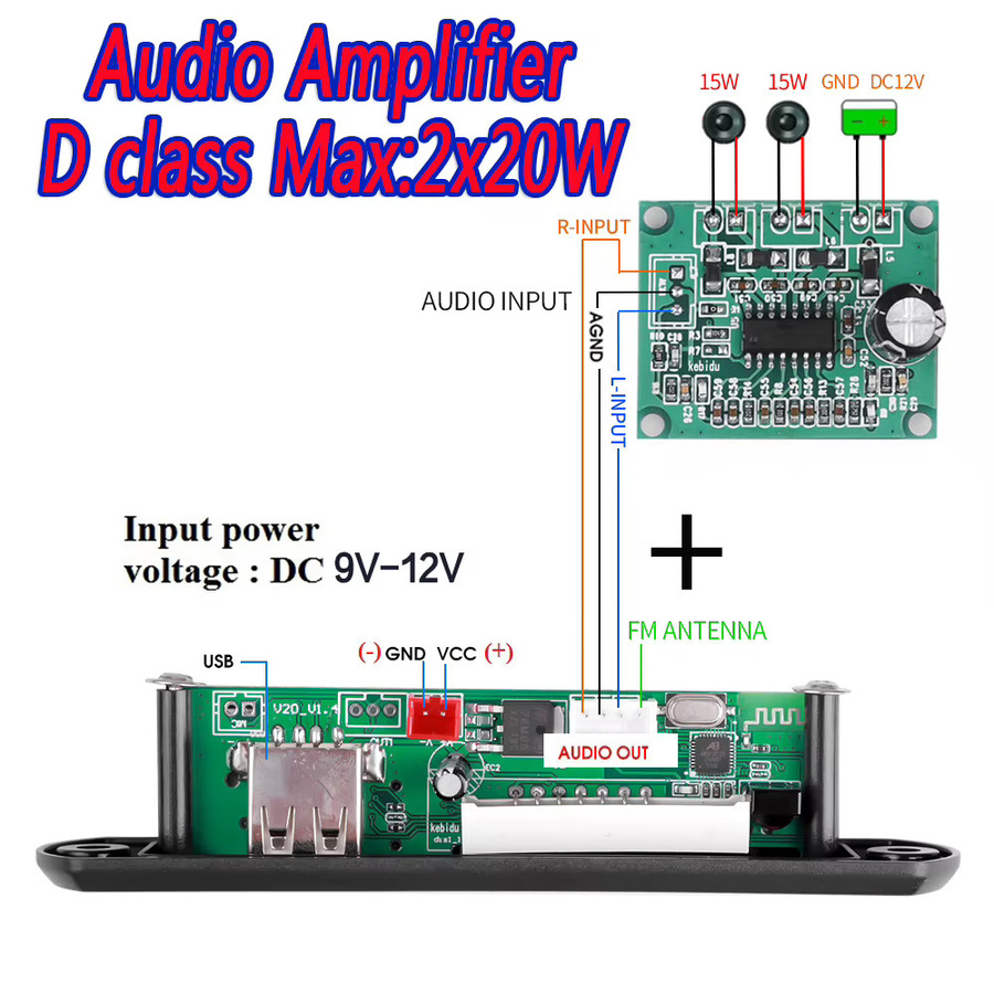 Kebidumei Bluetooth 5.0 MP3 WMA Decoder Board mit USB, AUX, FM Radio und Fernbedienung, 30W Musik Modul in Schwarz, DC 9V 12V - Bild 4