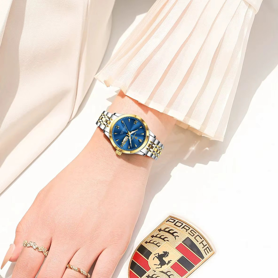 POEDAGAR Armbanduhr, Quarz, Edelstahl, Gold, Blau, Damen - Bild 6