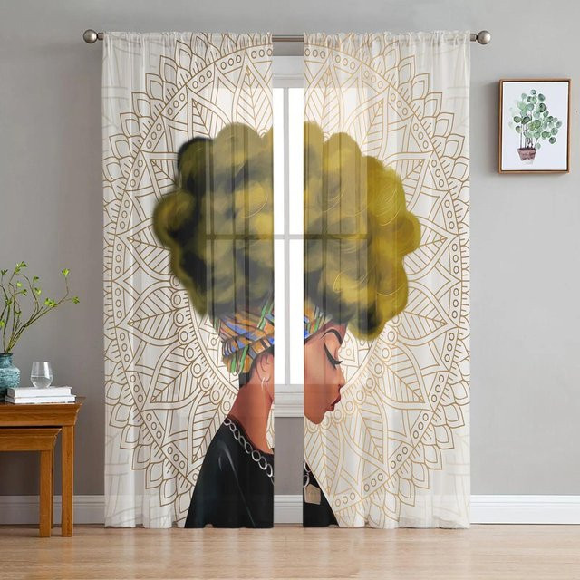 Yiran Furniture Transparenter Voile Tüll Vorhang mit gelben abstrakten geometrischen Linien, Breite: 135 cm, Höhe: 115 cm - Bild 1