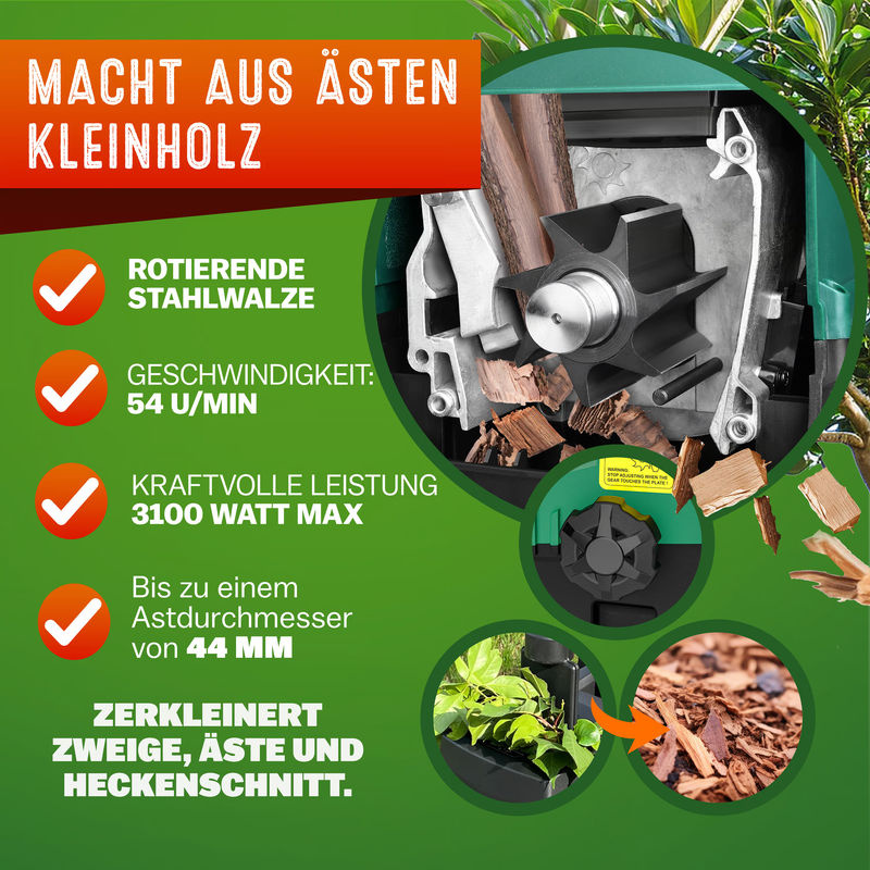 Leiser Asthäcksler mit 3100W Leistung für Äste bis 44mm inklusive 2x 60L Sammelbeuteln, 17kg - Bild 4