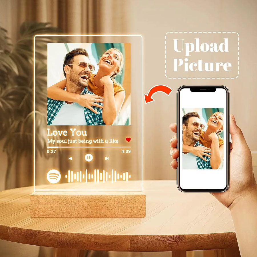 Personalisierte Spotify-Platte als Lampe mit Foto, individueller Acrylrahmen in Transparent mit warmweißem Licht und USB-Anschluss - Bild 2