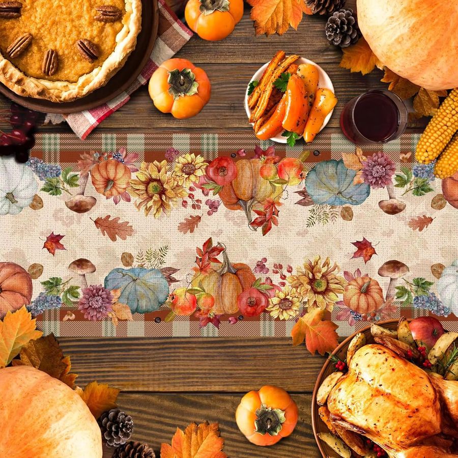VIKAMA Herbst-Tischläufer mit Kürbis- und Blättermuster für dein Zuhause - Bild 2