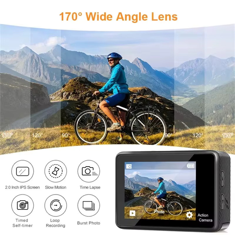Regaton Actionkamera mit 4K 30FPS, 24MP, Doppelbildschirm, WLAN und 170 Grad Weitwinkel, wasserdicht bis 30m, Schwarz - Bild 3