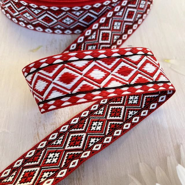 Jacquard-Band mit rotem geometrischem Muster, Breite: 3,3 cm, 40 m pro Rolle, IS-3292 - Bild 1
