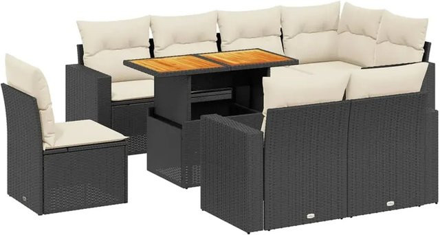 vidaXL 9-teilige Garten-Sofagarnitur in L-Form aus Poly-Rattan und Akazienholz mit Kissen in Schwarz-Creme - Bild 1