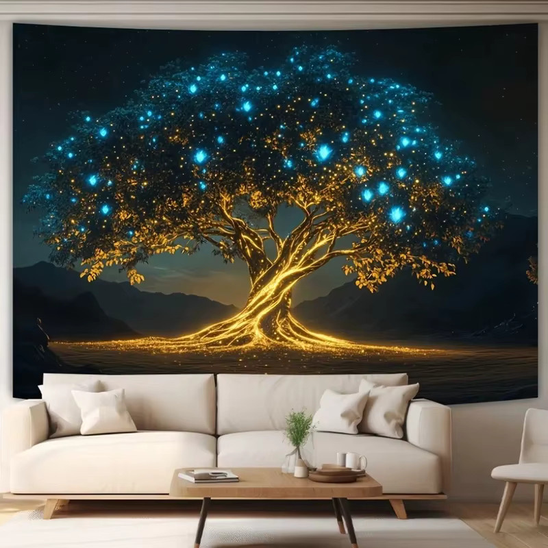VIKAMA Wandteppich mit leuchtendem Fantasiewald und goldenem Stamm, abstrakte Wanddekoration in Gold und Multicolour, B/H: 40 x 40 cm - Bild 3