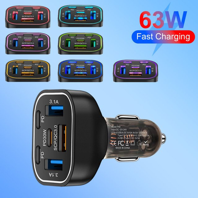 6in1 Autoladegerät mit 3 USB-Anschlüssen und 3 Typ-C Schnelllade-Ports in Multicolor für iPhone, Samsung und Xiaomi - Bild 1
