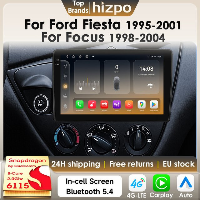 Hizpo Android 14 Intelligentes Autoradio für Ford Fiesta 1995–2001 und Focus MK1 mit Qualcomm Snapdragon 6115, 8-Core, CarPlay, 4G, Bluetooth 5.4 und GPS, Schwarz - Bild 1