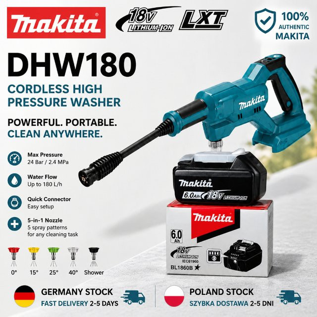 Makita DHW180 Tragbarer Akku-Hochdruckreiniger 18V mit Wassersprühpistole für Auto, Garten und Außenreinigung - Bild 1