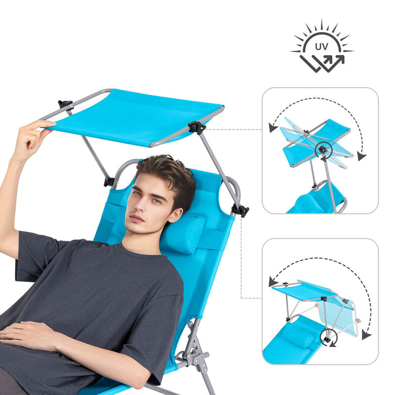 SoBuy OGS48-Bx2 2er Set klappbare Sonnenliegen mit Sonnendach und Kopfstütze in Himmelblau - Bild 4
