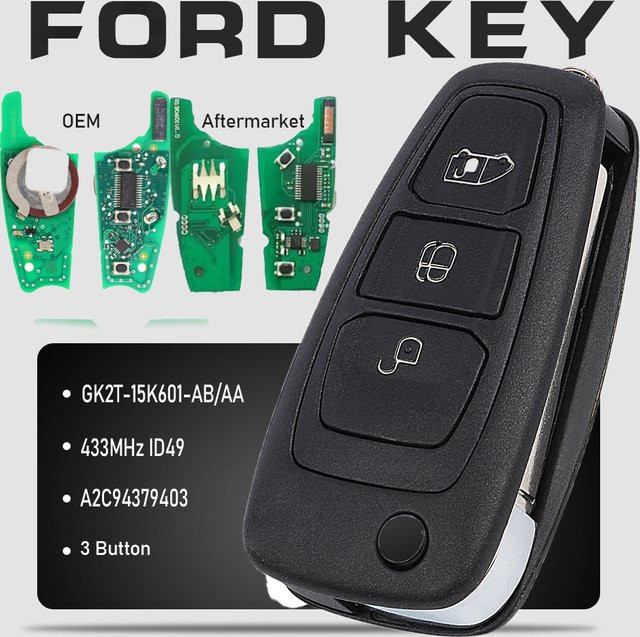 KEYECU Klappschlüssel Auto-Fernbedienung für Ford Tourneo Transit mit 3 Tasten, 433,92 MHz FSK, Pro ID49 Chip, Farbe: Schwarz - Bild 1