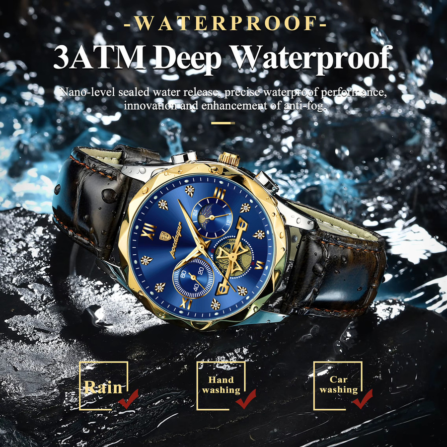 POEDAGAR Armbanduhr Chronograph, Quarz, Leder, Blau, Herren - Bild 3