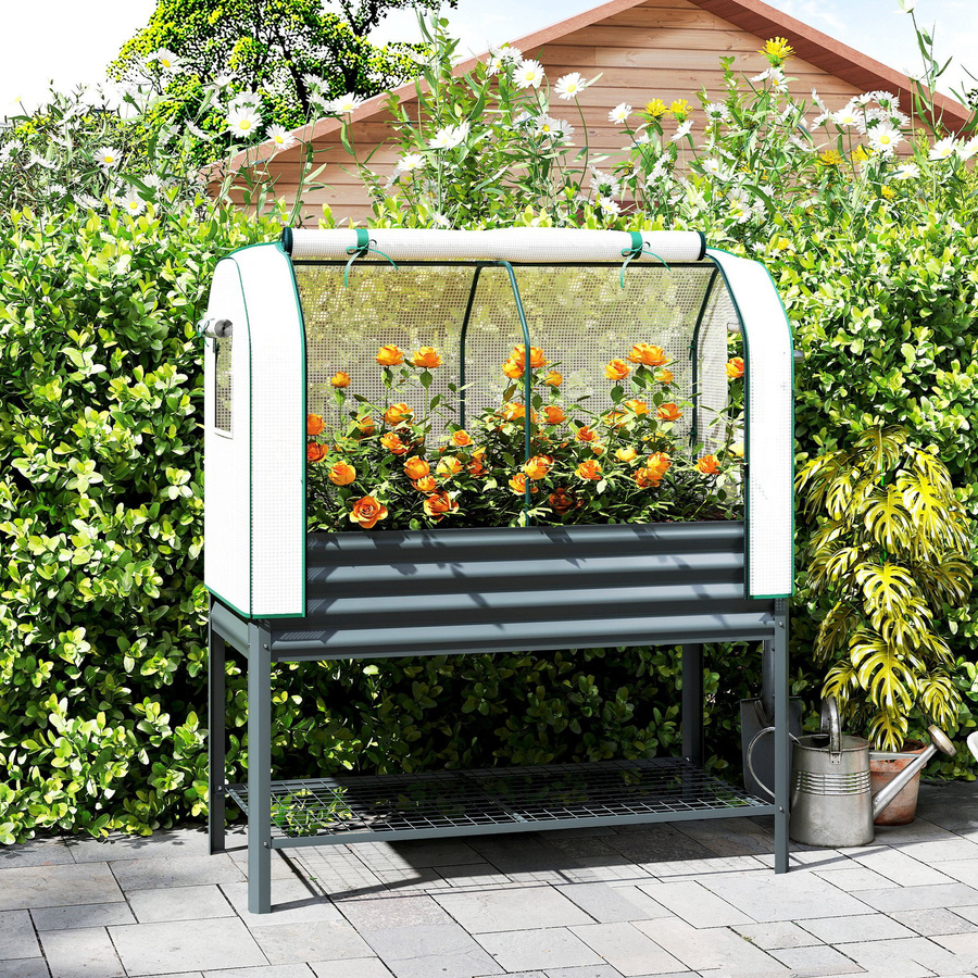 Outsunny Hochbeet mit Frühbeetaufsatz aus Metall in Dunkelgrau mit Gewächshaus und Ablagefach, B/T/H: 120 x 55 x 140 cm - Bild 2