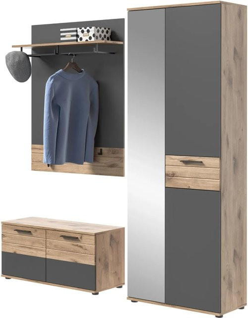 Inn.Furn Garderoben-Set Tomaso in Eiche Grau, 3-teilig mit Schuhschrank, Sitzbank und Paneel, Soft-Close, Breite: 175 cm - Bild 1