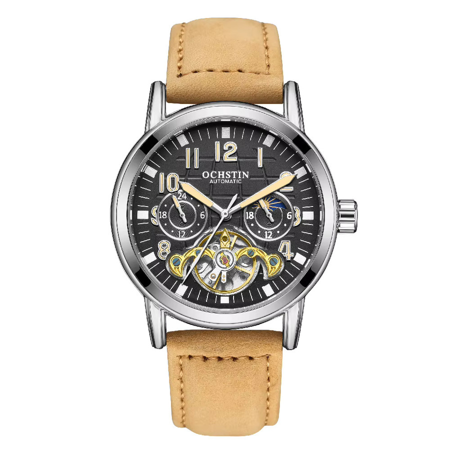 OCHSTIN Herrenuhr, Automatik, Edelstahl, Lederarmband, Schwarz, Silber - Bild 4