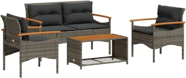 vidaXL 4-tlg Garten-Sofagarnitur aus Poly Rattan und Akazienholz in Grau mit Kissen und Couchtisch - Bild 1