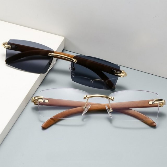Sonnenbrille für Frauen, randlos, hexagonal, Holz Textur, Leopard, braun - Bild 1