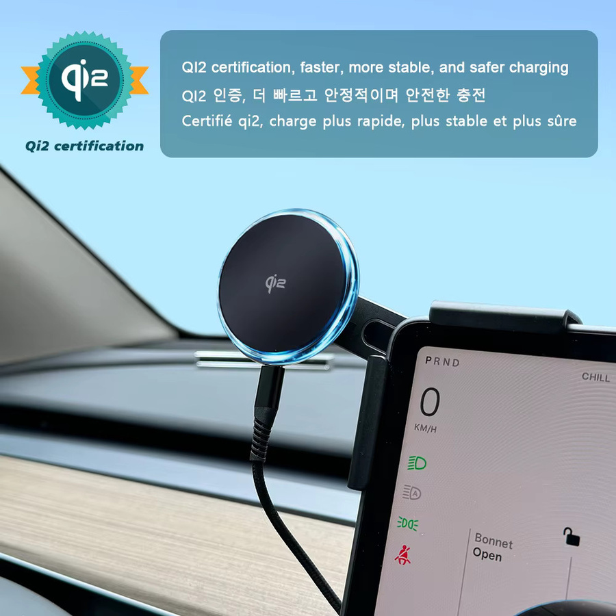 TESY Qi2 15W Magnetisches kabelloses Ladegerät mit Handyhalterung und Bildschirmhalterung in Schwarz, kompatibel mit MagSafe für Tesla Model Y, Model 3 Highland und Juniper - Bild 2