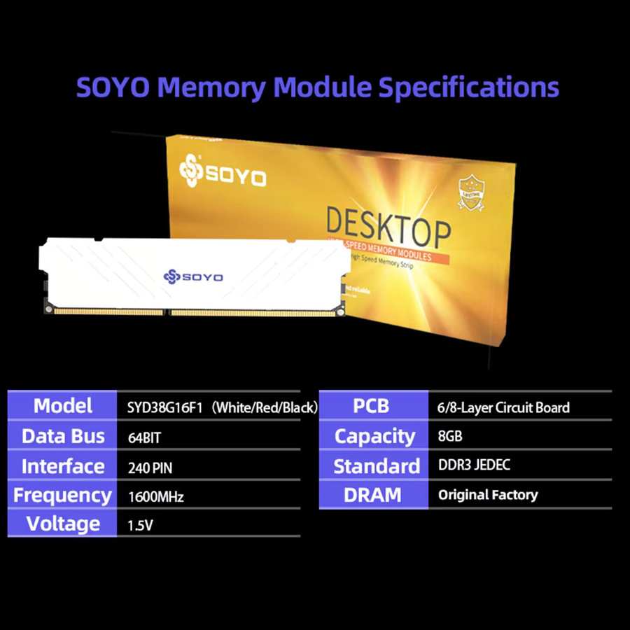 SOYO DDR3 8 GB Desktop-Arbeitsspeicher 1600 MHz 240 Pin DIMM mit Kühlkörper für Intel und AMD - Bild 4