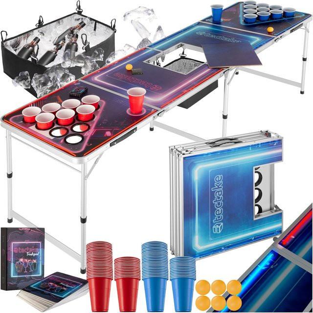 tectake Aluminium Bierpongtisch Beerwars II mit Eisfach, Becherlöchern, LED-Beleuchtung und Zubehör, B/T/H: 234 x 61 x 71 cm, Bunt - Bild 1
