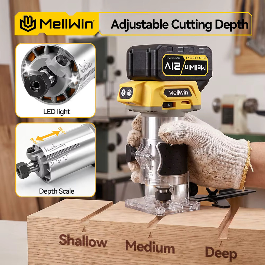 MELLWIN Bürstenloser Holzfräser mit 5 Geschwindigkeiten, kabelloser elektrischer Trimmer-Fräser für Holzbearbeitung, Gravur und Nutenfräsen, kompatibel mit Makita 18V Akku - Bild 5