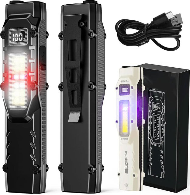 YEMAO Taktische EDC-Taschenlampe mit 1100 lm LED, wiederaufladbar, Digitalanzeige und Clip, Schwarz - Bild 1