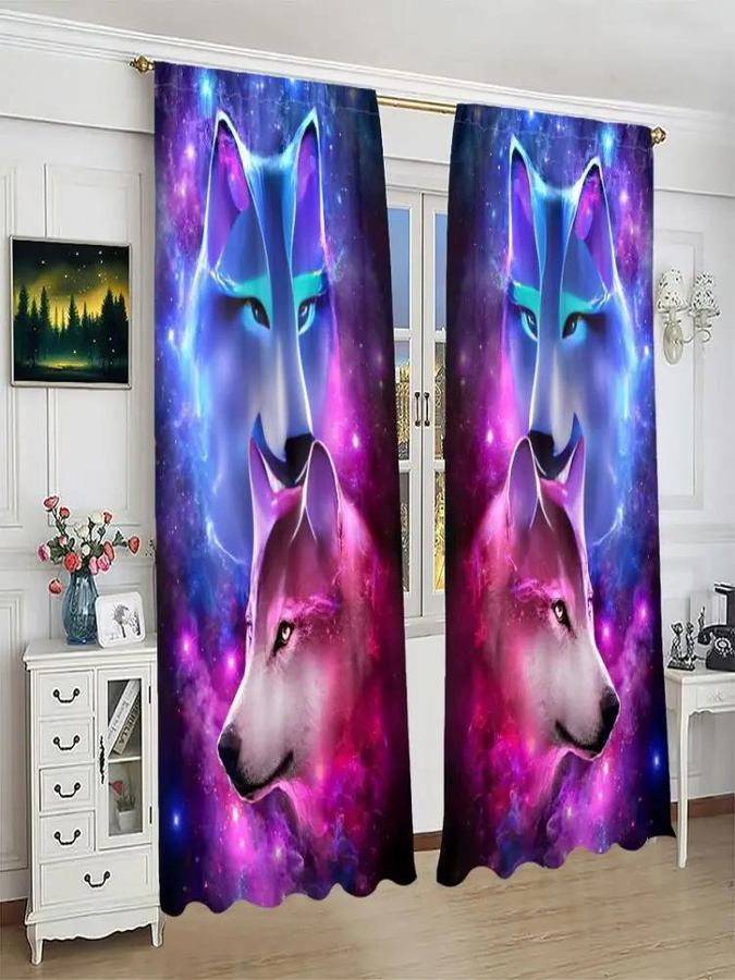 Tonnika Chen Vorhang Set mit Doppelwolf-Kunstdesign aus Polyester, Multicolor, Breite: 100 cm, Höhe: 70 cm - Bild 5