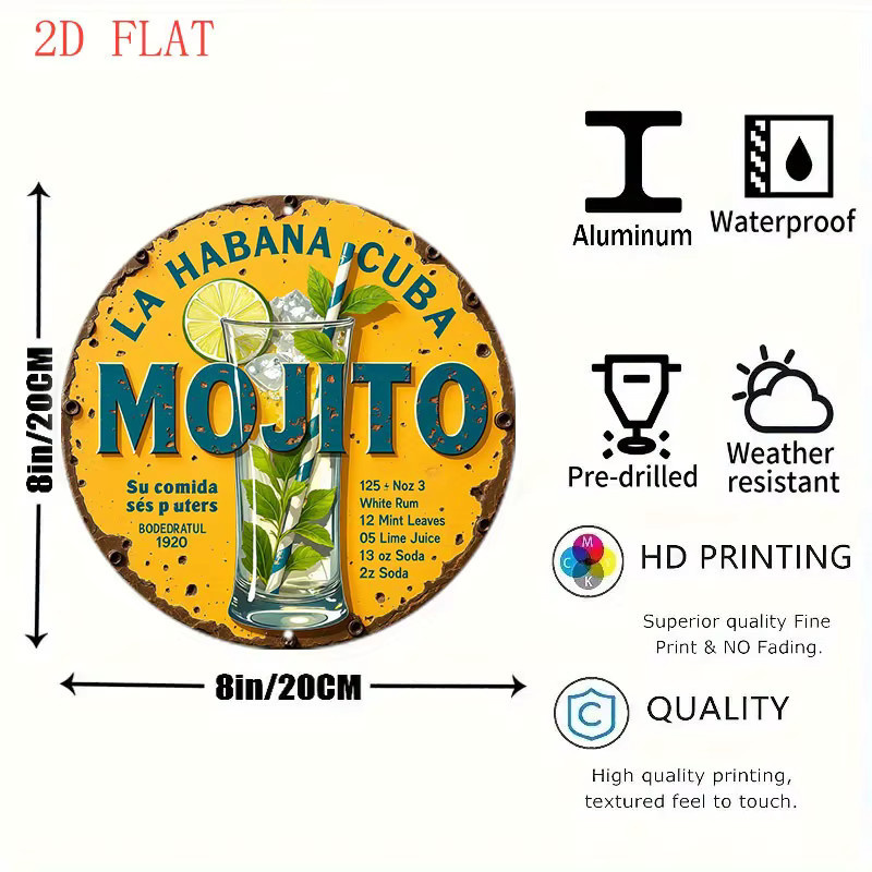 CIFBUY Vintage Mojito Cocktail Rezept Schild Wanddekoration mit Limetten-Minz-Rum-Motiv in Multicolor, B/H: 20 x 20 cm - Bild 4