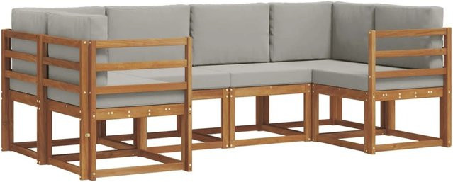 vidaXL Outdoor-Sofagarnitur 6-teilig L-Form aus Akazienholz mit Kissen in Natur und Hellgrau - Bild 1