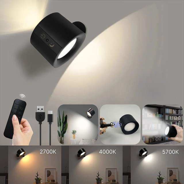 LED-Wandleuchte mit doppeltem Kopf in Schwarz und Weiß, kabelloses Nachtlicht mit Touch-Steuerung, Fernbedienung, 360 Grad drehbar und 3 Farbmodi via USB-Aufladung - Bild 1