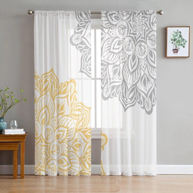 Transparenter Tüllvorhang von A Family Of Home Textiles mit floralem Dahlien-Muster in Hellrosa, Grau und Weiß, B: 135 cm, H: 114 cm - Bild 1