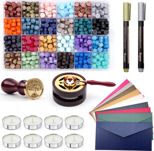 624-teiliges Wachssiegel-Set mit 24 Farben Wachsperlen, Wachsstempeln, Wachserhitzer und Zubehör in Multicolor - Bild 1