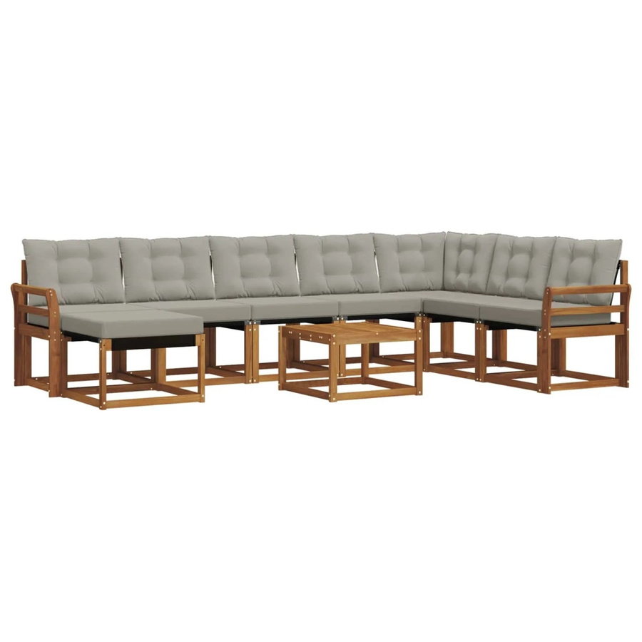 vidaXL Outdoor-Sofagarnitur 9-teilig aus Akazienholz und Textilene in Natur und Hellgrau mit Kissen und Armlehnen - Bild 2