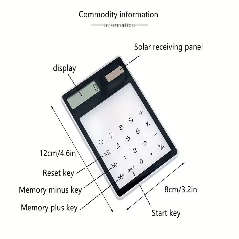 Multifunktionaler 8-stelliger Solar-Taschenrechner in transparentem Design, batterielos, farbig in Weiß und Transparent - Bild 2