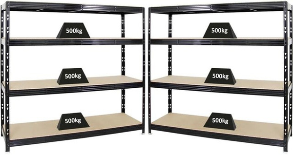 PROREGAL Rhino Schwerlastregal Set 2er Pack Schwarz H x B x T: 180 x 200 x 60 cm mit 4 verstellbaren MDF-Spanplatten-Ebenen und 500 kg Fachlast