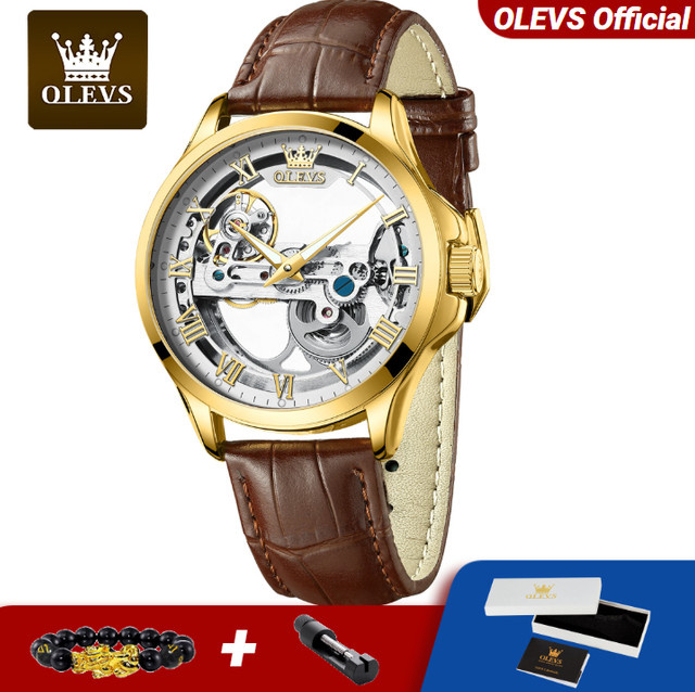 OLEVS Armbanduhr, Automatik, Skeleton Hollow, Leder, Herren - Bild 1
